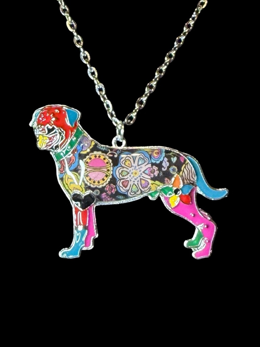 Metal Rottweiler Dog Pendant Adjustable Necklace with Multicolor Enamel Accents